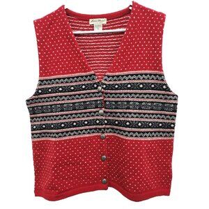 Vintage Eddie Bauer Womens Sweater Vest Medium Tall Red Wool Fair Isle Preppy
